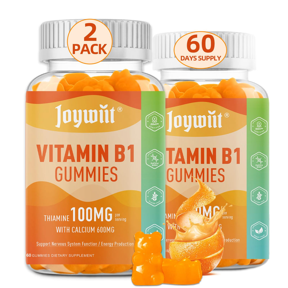 Front view of Joywiit Vitamin B1 Gummies bottle in orange flavor