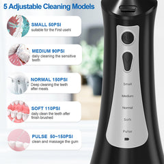 Black JOYYE water flosser showing control panel and battery indicators