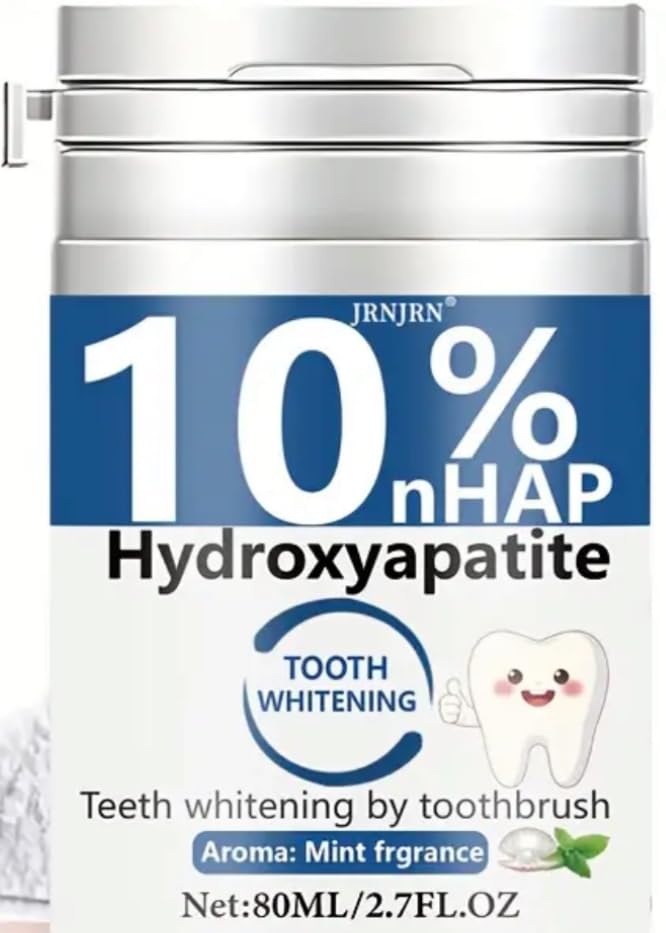JRNJRN 10% Hydroxyapatite Tooth Whitening Powder in a silver bottle