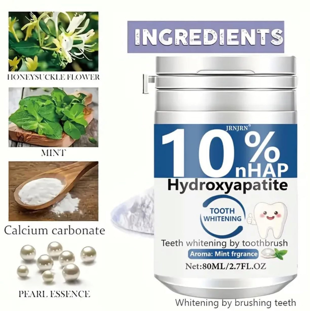 Close-up of powder with mint and honeysuckle ingredients