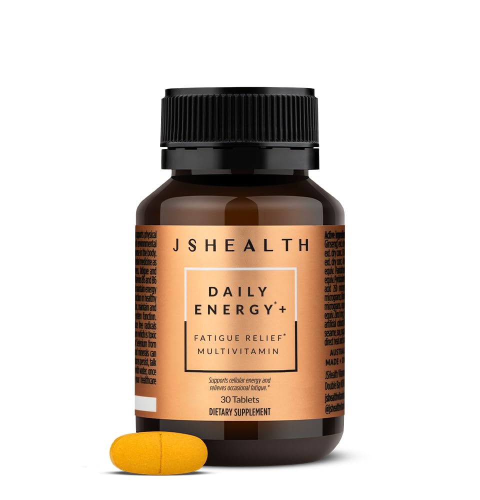 JSHealth Daily Energy Supplement bottle shows steady energy for busy mornings.