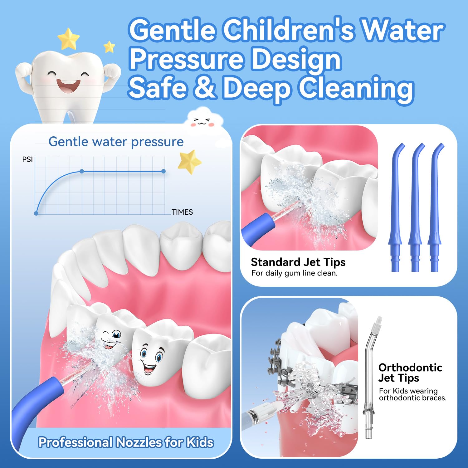 Water flosser nozzle set: 3 general nozzles and 1 orthodontic nozzle