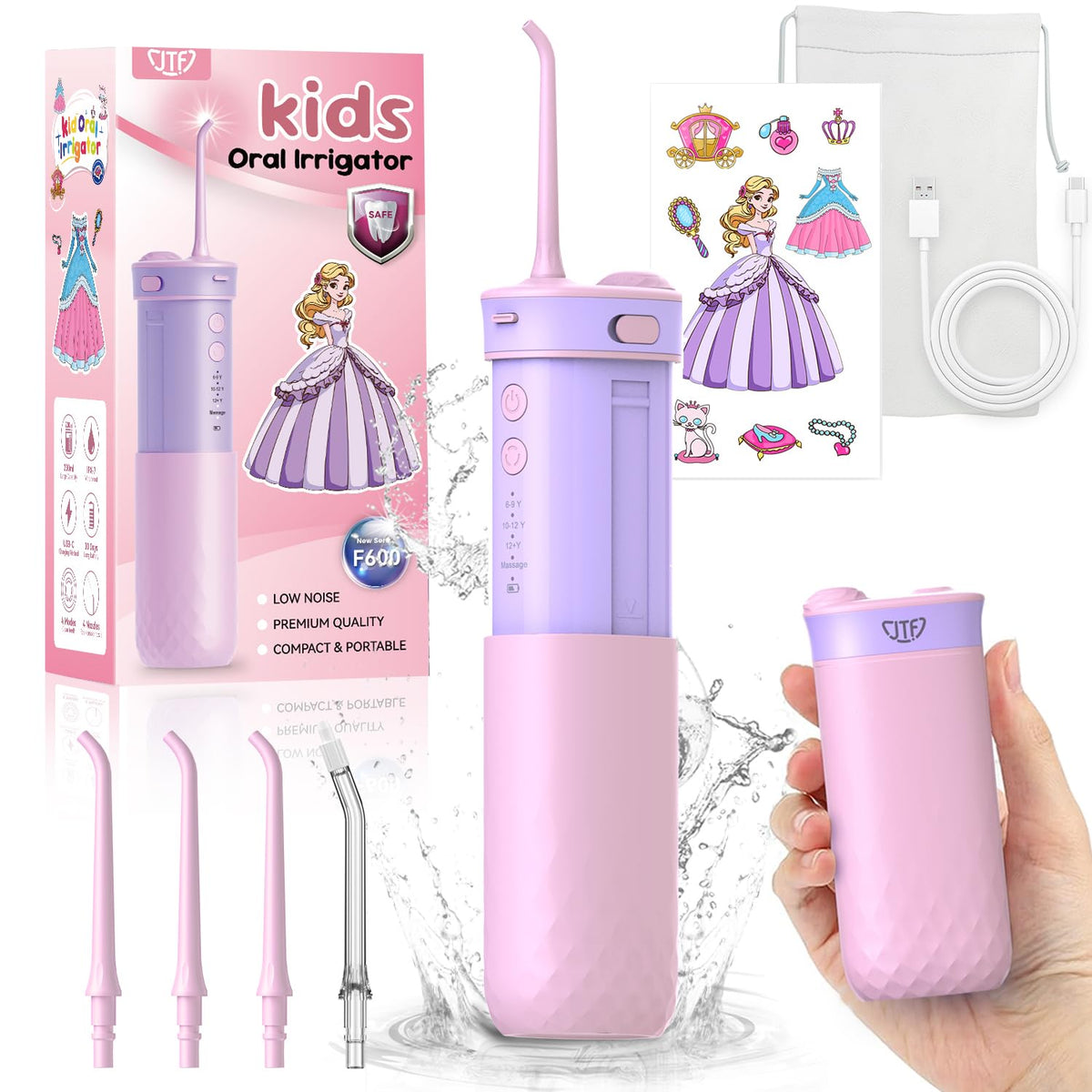 JTF Pink Kid Water Flosser device on a white background