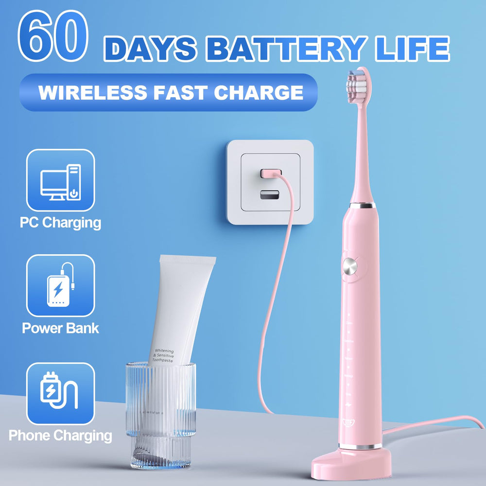Contents: handle, six brush heads, travel case, USB charging base