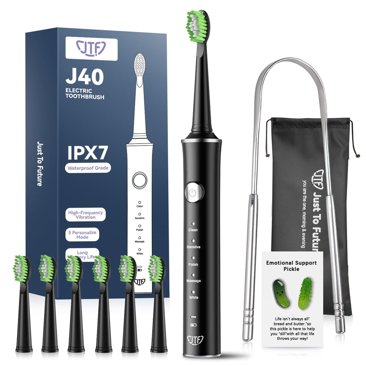 JTF Sonic Electric Toothbrush for Adults with 6 brush heads and travel bag