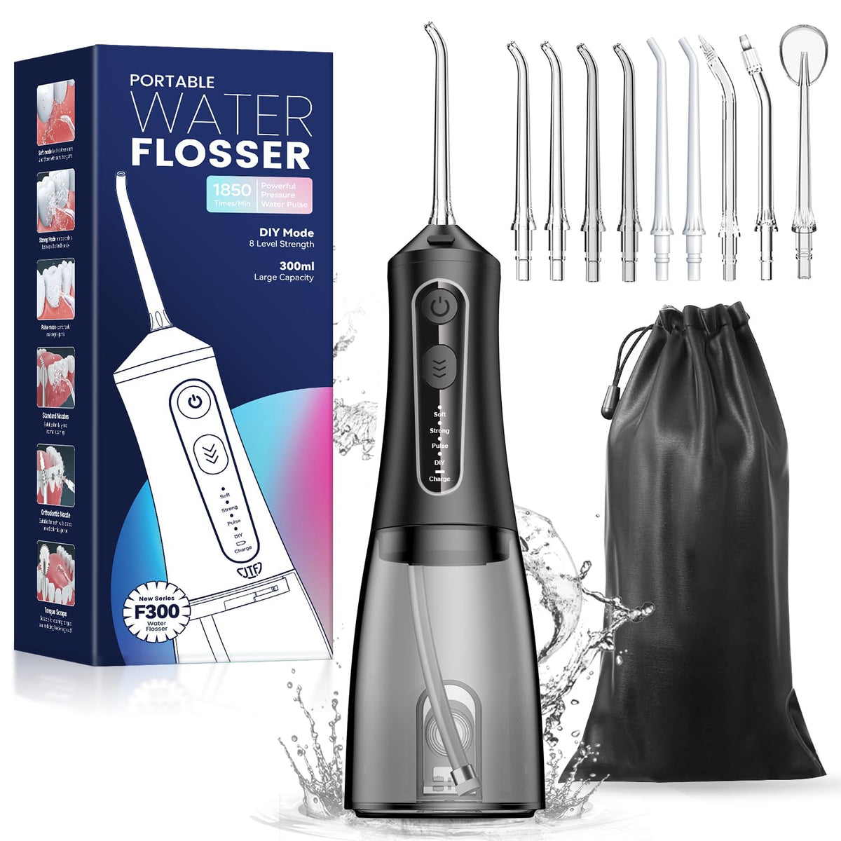 Front view of JTF Water Dental Flosser in black