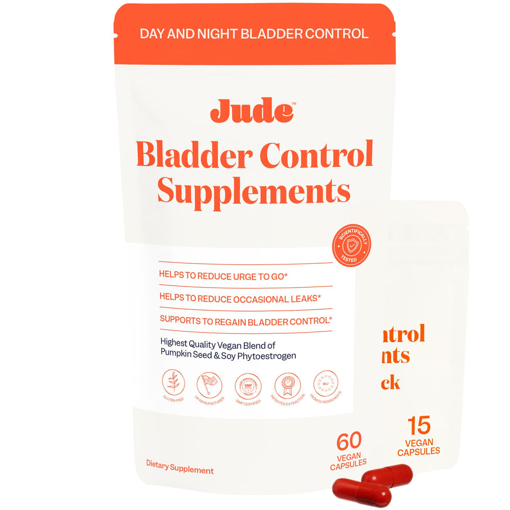 Bottle of Jude bladder control supplements for women on a white background