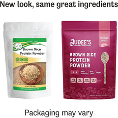 Judee's Brown Rice Protein unflavored pouch showing resealable freshness capability.