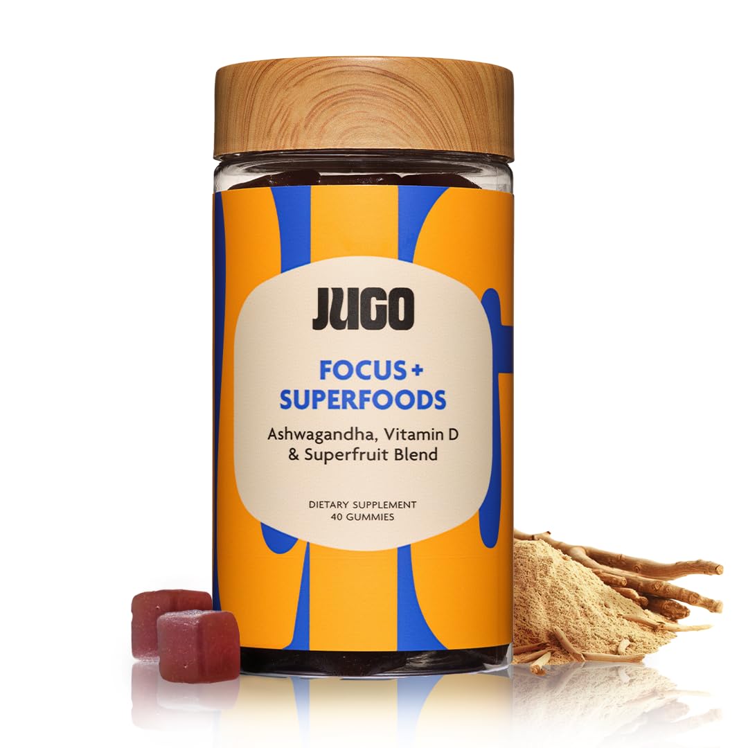 Hero image: JUGO Focus + SUPERFOODS bottle featuring ashwagandha gummies