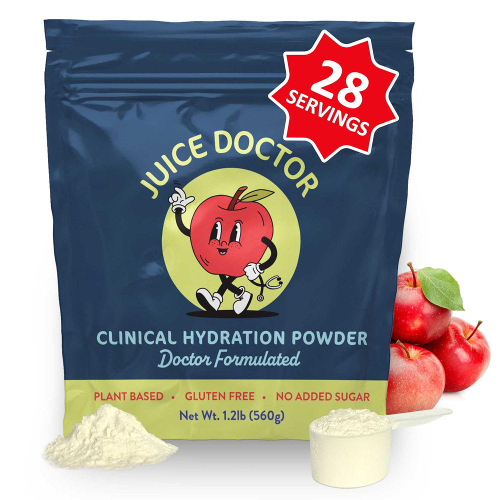 Front view of Juice Doctor Hydration Powder Apple flavor packaging