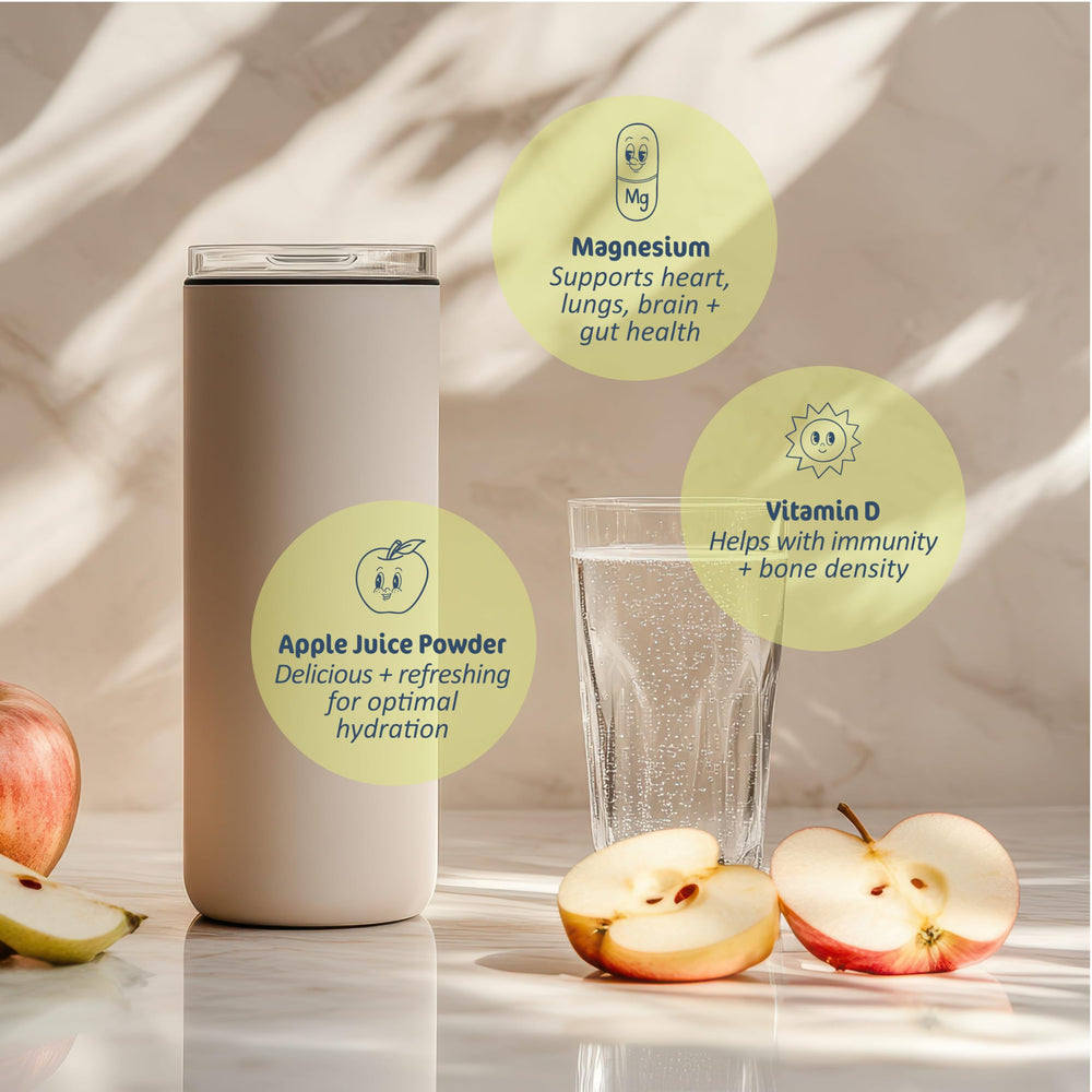 Close-up of ingredients including apple juice powder, magnesium citrate, and vitamin D