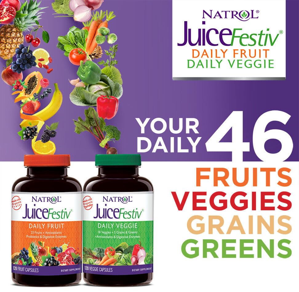 JuiceFestiv capsules for daily fruit and veggie intake with colorful fruit/veg visuals