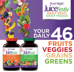 JuiceFestiv capsules for daily fruit and veggie intake with colorful fruit/veg visuals