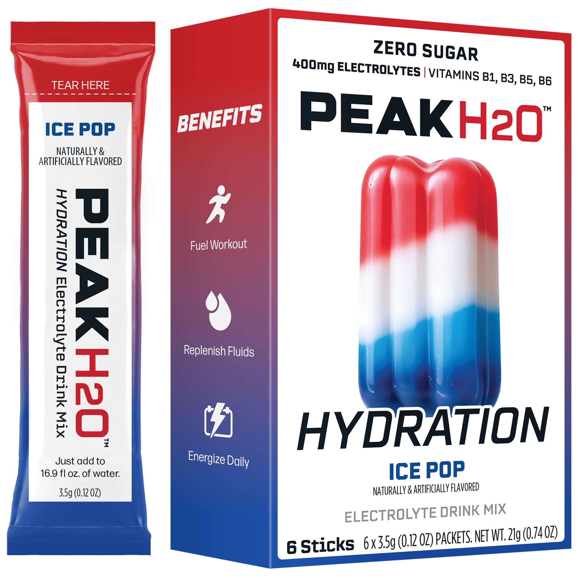 Juicy Mixes PeakH2O packets pour into water for workout hydration.