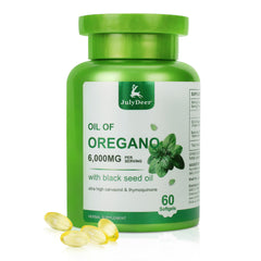 Front view of JulyDeer Oregano Oil with Black Seed Oil bottle