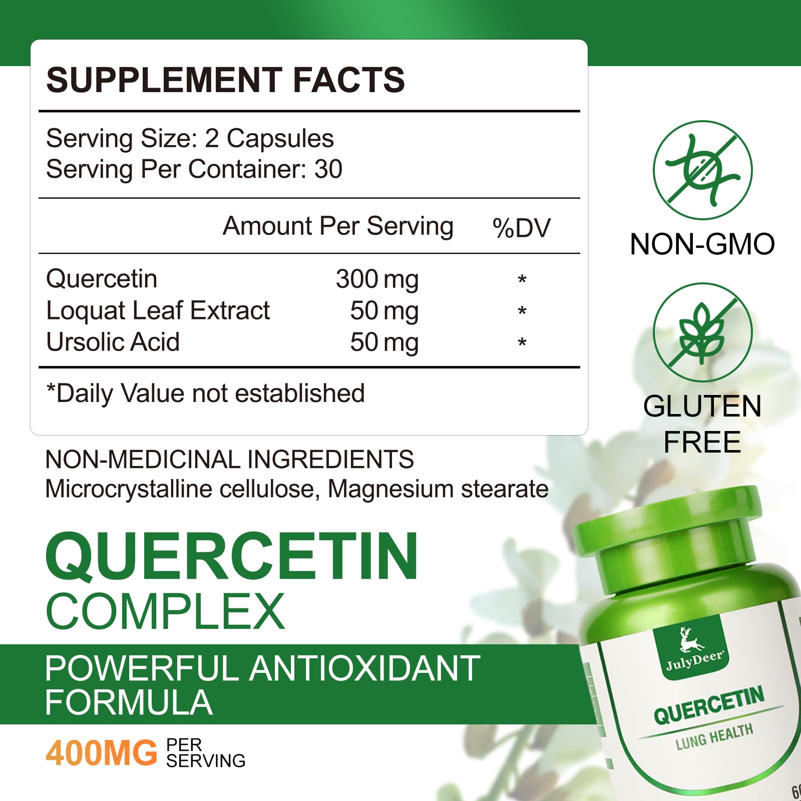 Close-up of ingredients: quercetin, loquat leaf extract, ursolic acid