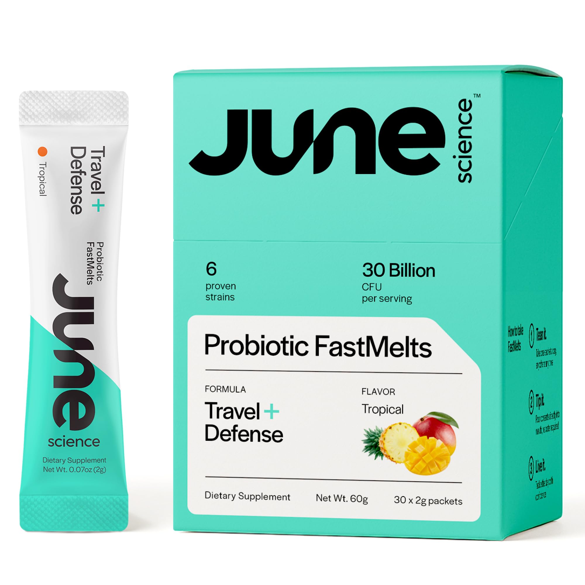 Front view of June Science Travel + Defense box with tropical flavor probiotic sachets
