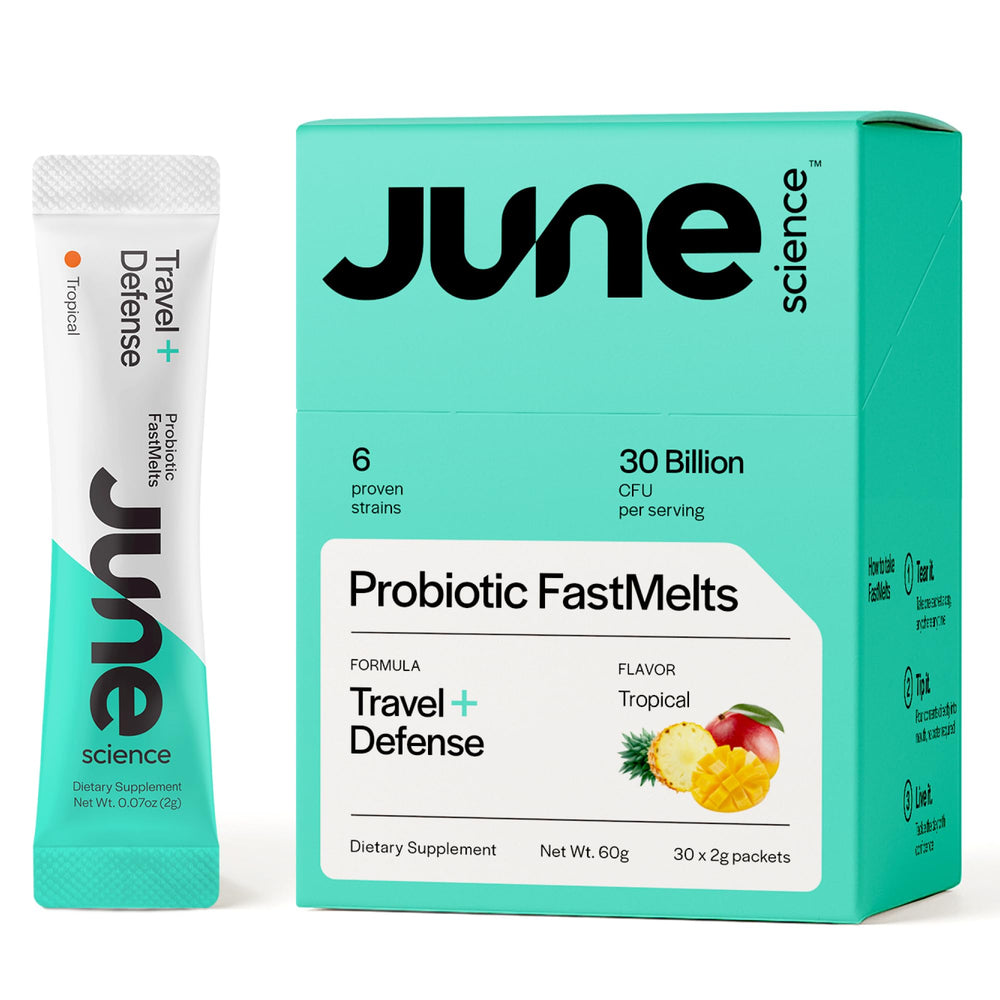 Front view of June Science Travel + Defense box with tropical flavor probiotic sachets