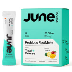 Front view of June Science Travel + Defense box with tropical flavor probiotic sachets
