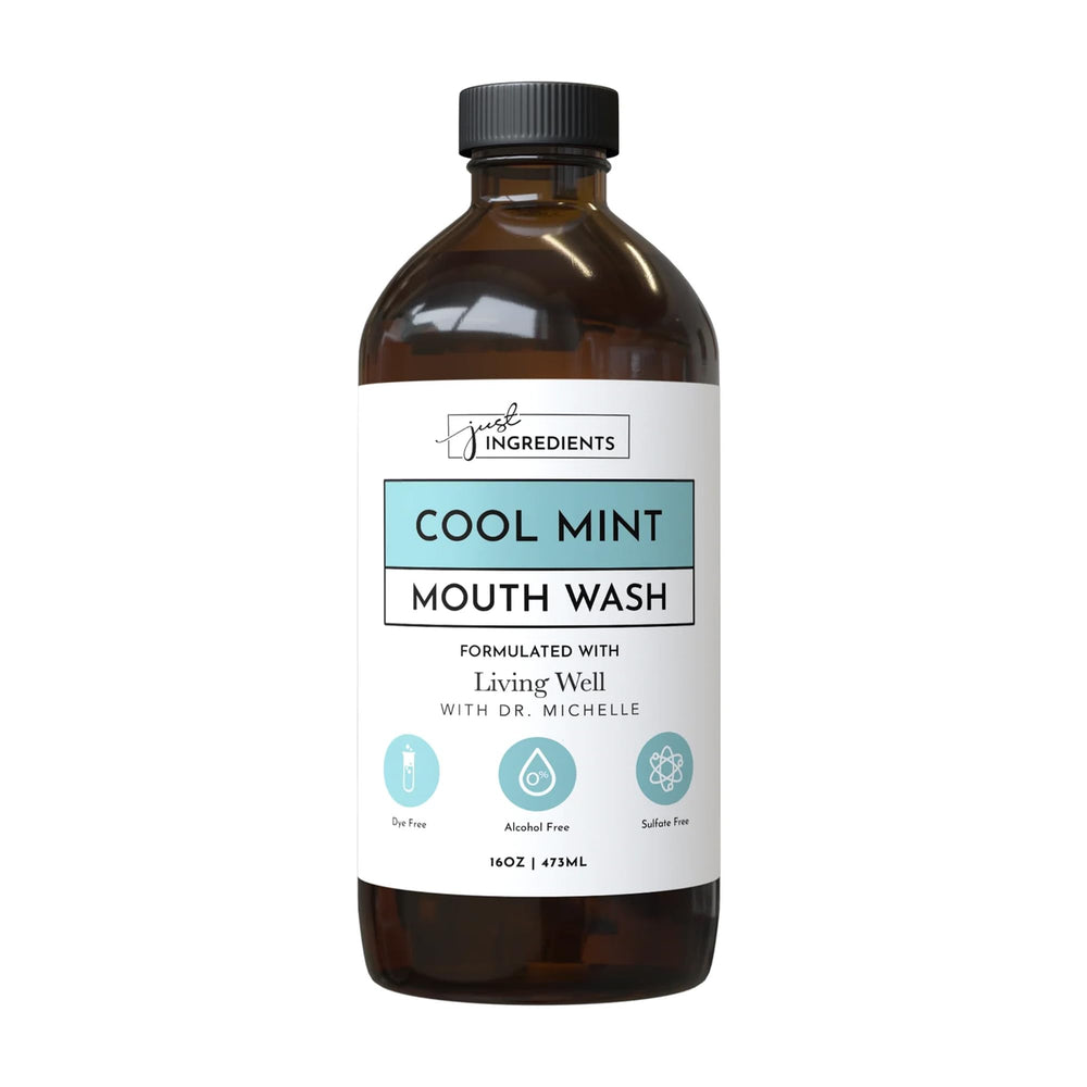 Just Ingredients Cool Mint Remineralizing Mouthwash bottle showing hydroxyapatite & colloidal silver