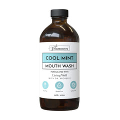 Just Ingredients Cool Mint Remineralizing Mouthwash bottle showing hydroxyapatite & colloidal silver