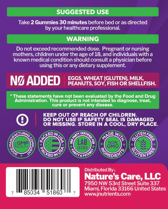 Just Nutrients Melatonin gummies gluten-free label closeup showcasing non-GMO