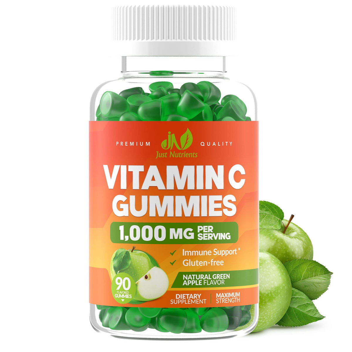 Just Nutrients bottle front view showing label and gum count for easy identification