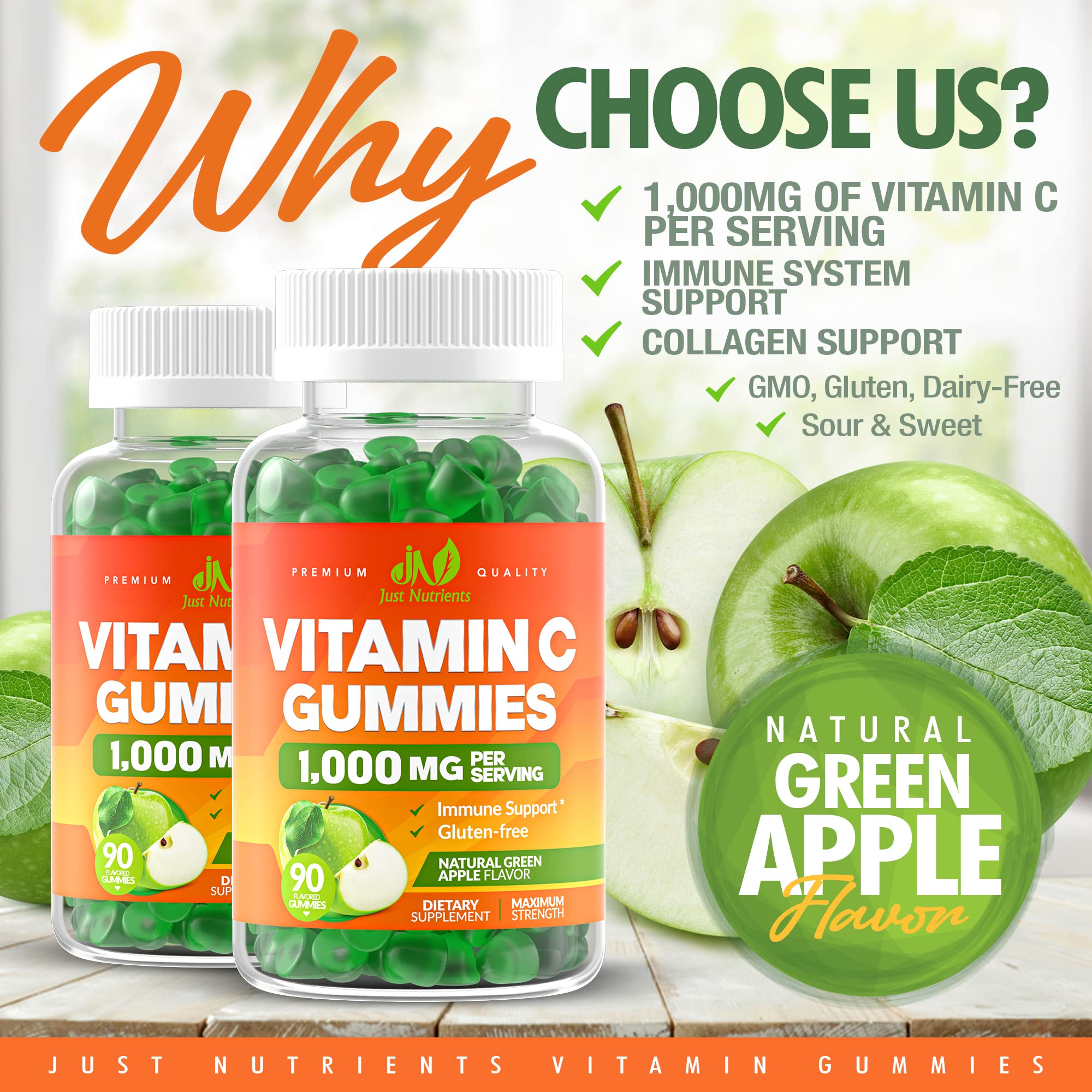 Just Nutrients close-up of green apple gummies highlighting appealing chewable texture