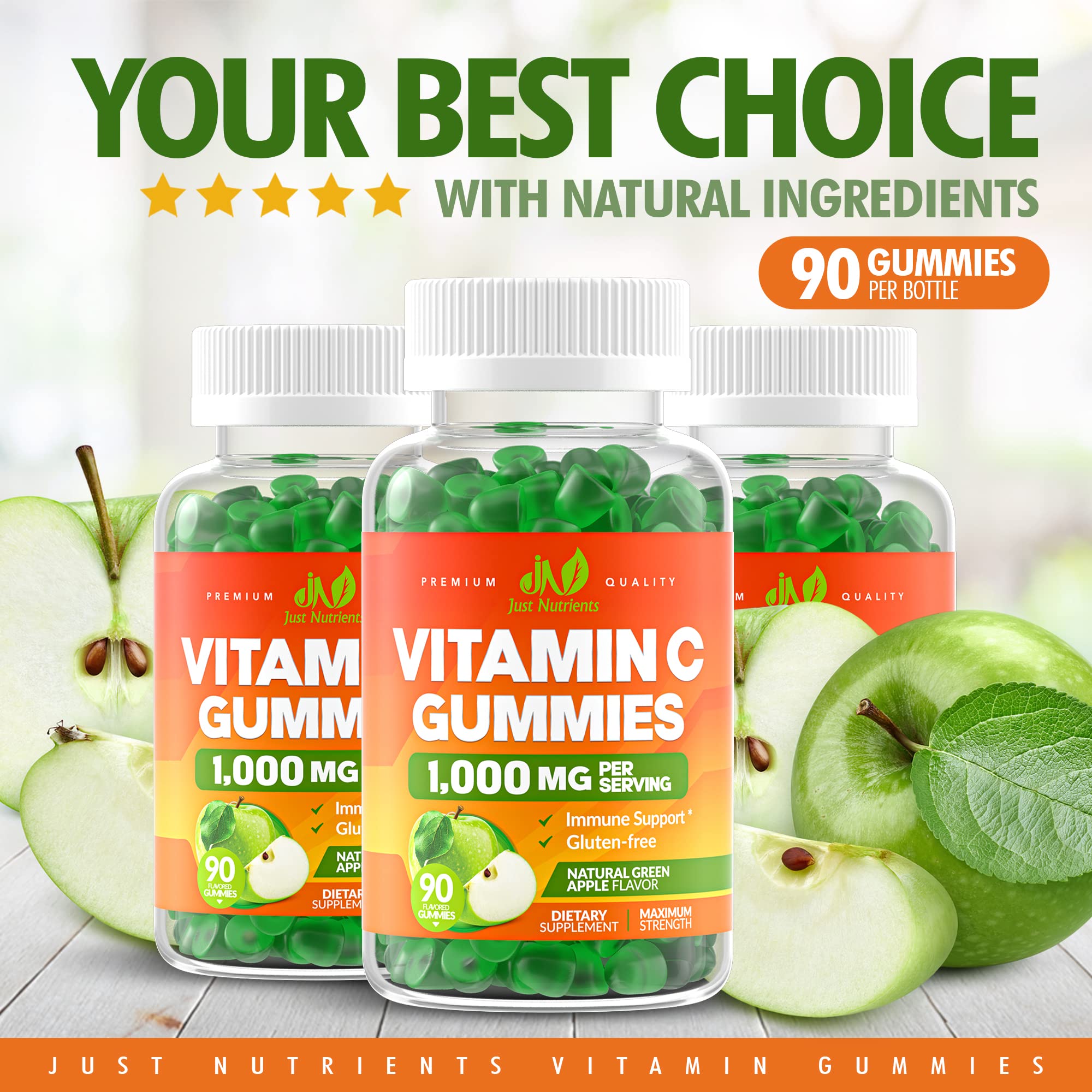 Just Nutrients supplement facts label close-up showing 1000 mg vitamin C per serving