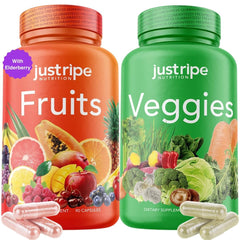 Just Ripe Nutrition fruits and vegetables supplement pack with green and red capsules