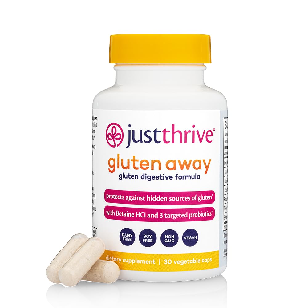 Just Thrive Gluten Away bottle with capsules on white background