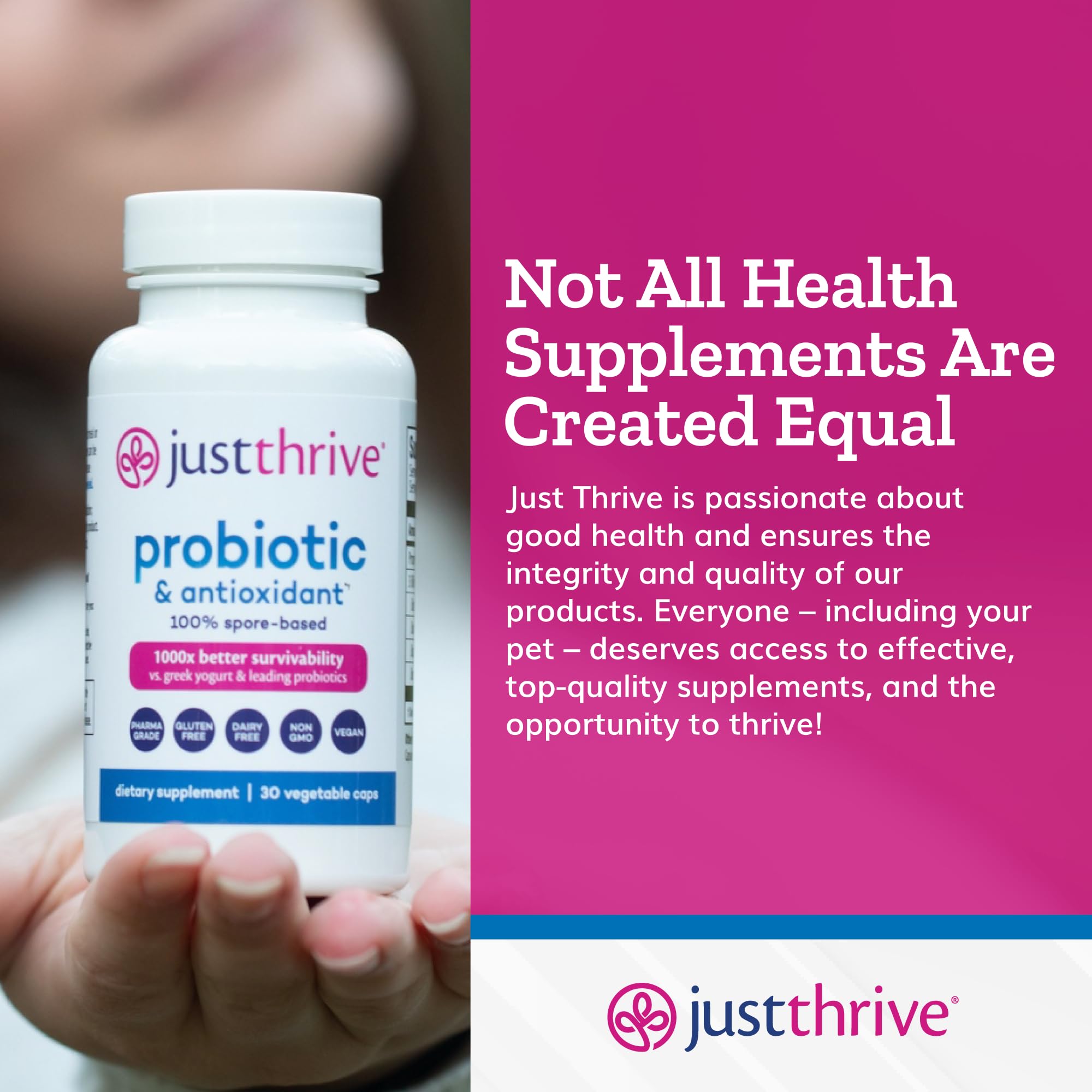 30-count bottle of Just Thrive probiotic supplement