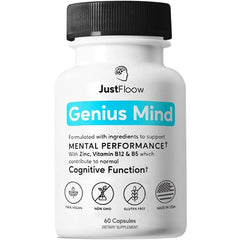 JustFloow Genius Mind hero image featuring product bottle