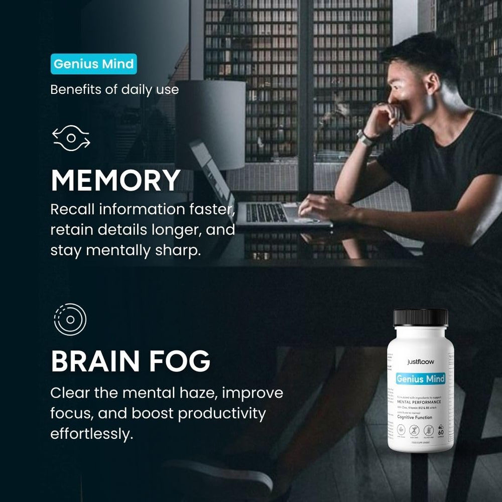 Close-up of Genius Mind label and dosage information