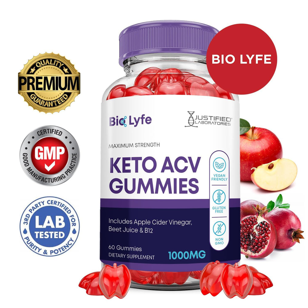 Justified Bio Lyfe Keto ACV Gummies beet-pomegranate blend highlights colorful fruit-forward ingredients.