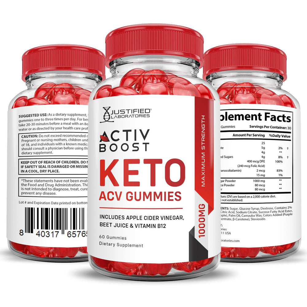 Packaging of Justified Laboratories Activboost Keto ACV gummies emphasizes vegan, non-GMO quality
