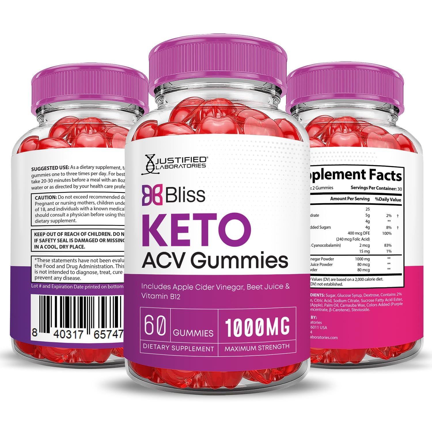Justified Laboratories Bliss Keto ACV Gummies GMP-certified facility logo visible