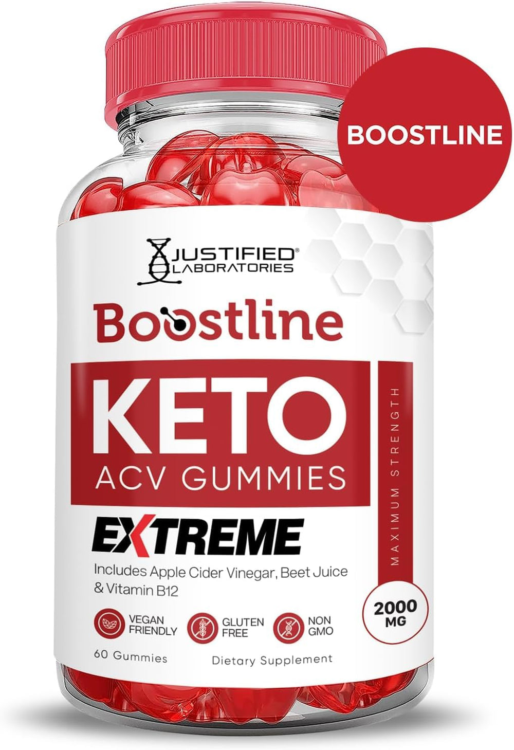 Justified Laboratories Boostline Keto ACV Gummies label emphasizes vegan, non-GMO formulation.