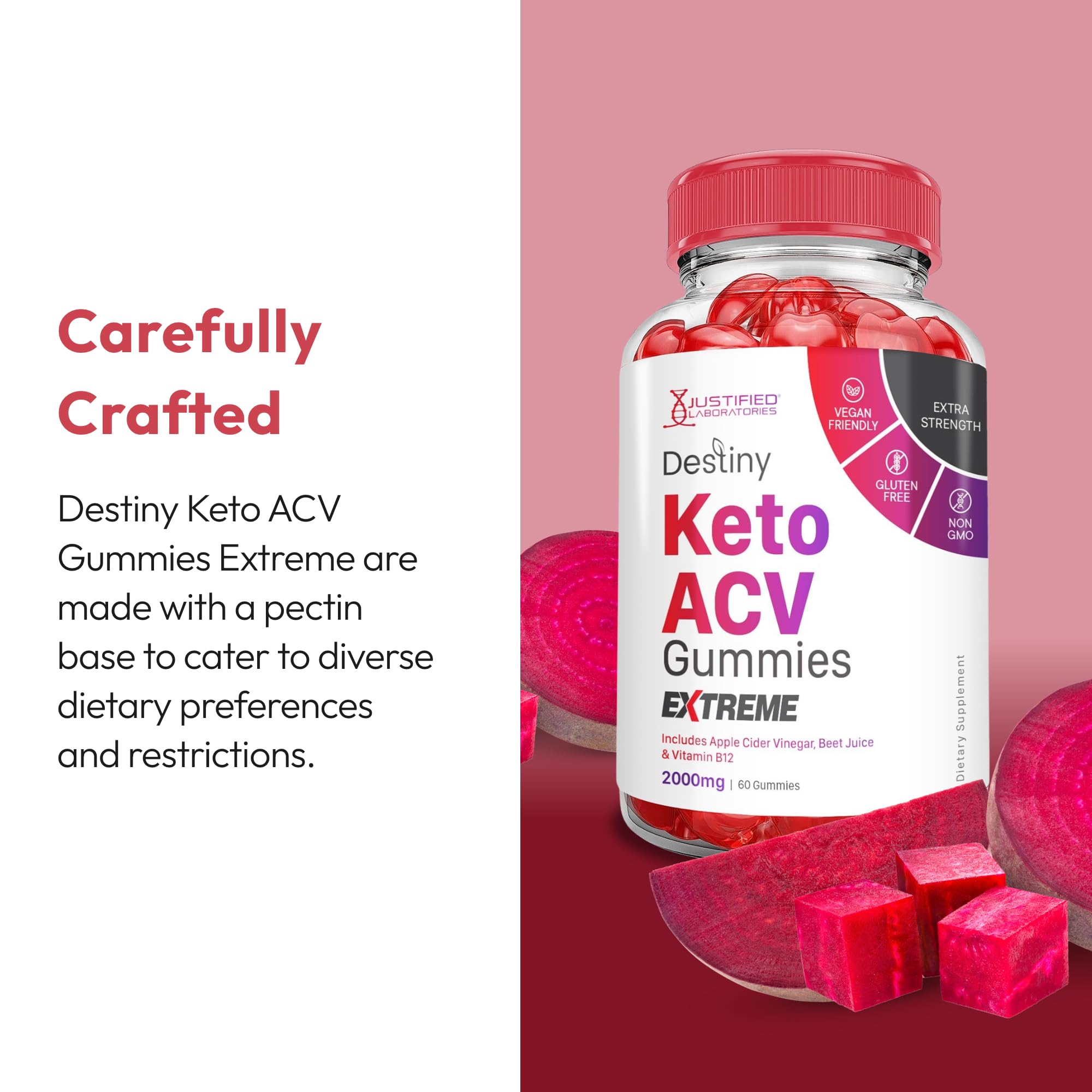 Justified Laboratories Destiny Keto ACV Gummies Extreme vegan, gluten-free composition for plant-based diets.