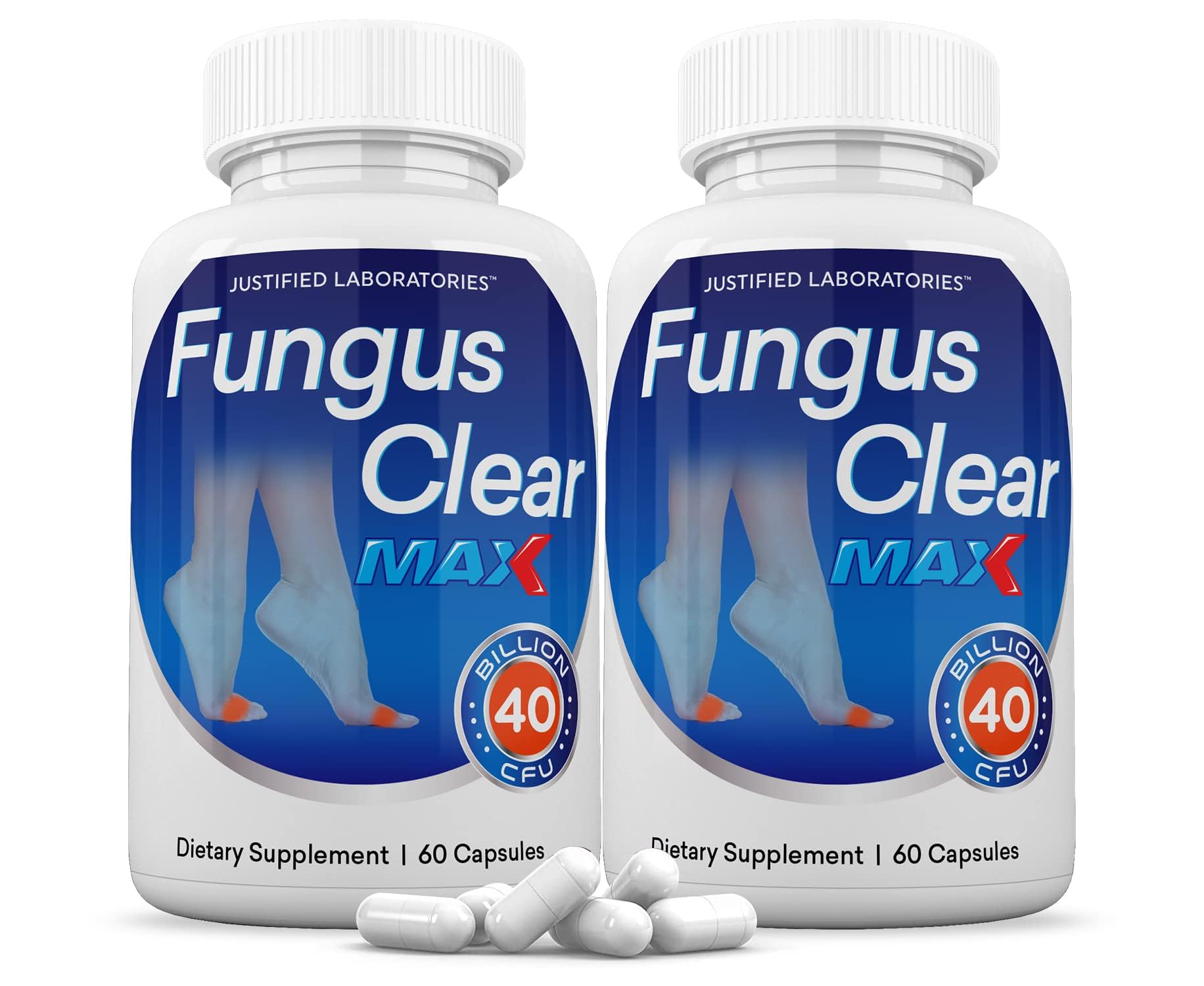 Front view of Justified Laboratories Fungus Clear Max Probiotic bottle with 60 capsules