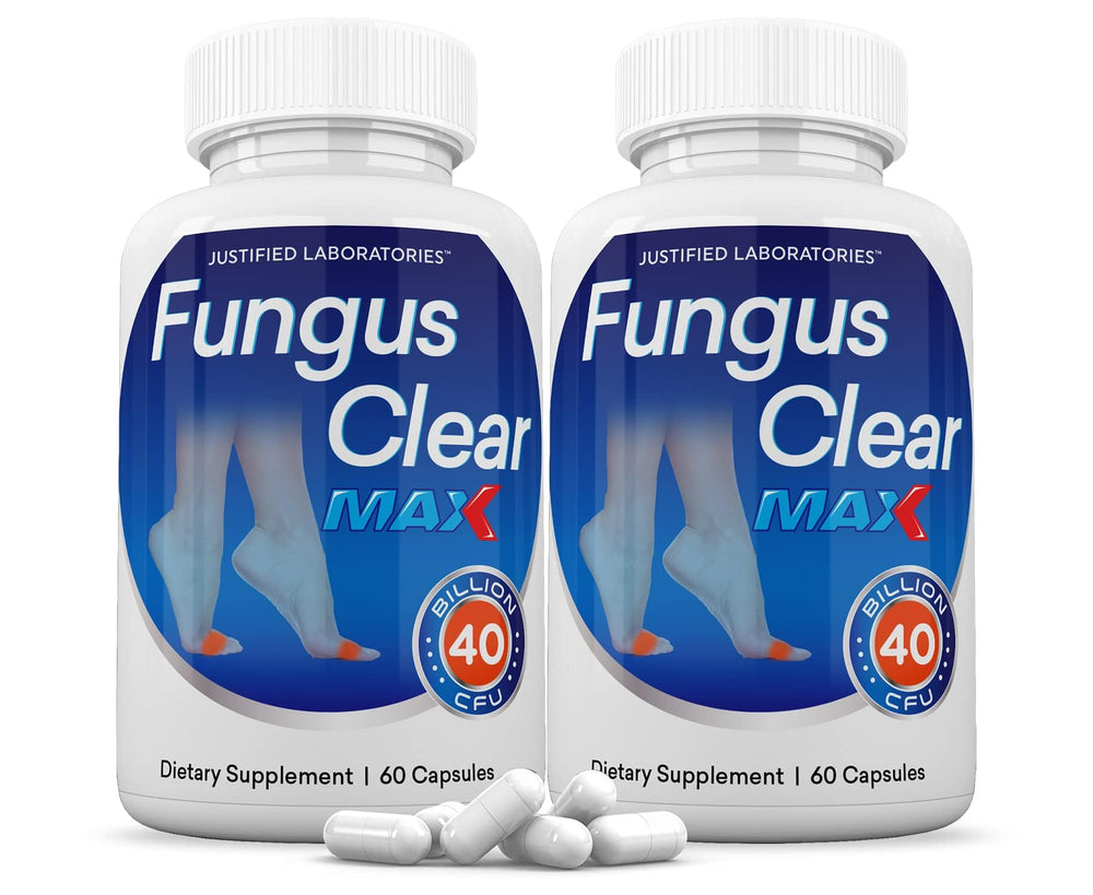 Front view of Justified Laboratories Fungus Clear Max Probiotic bottle with 60 capsules