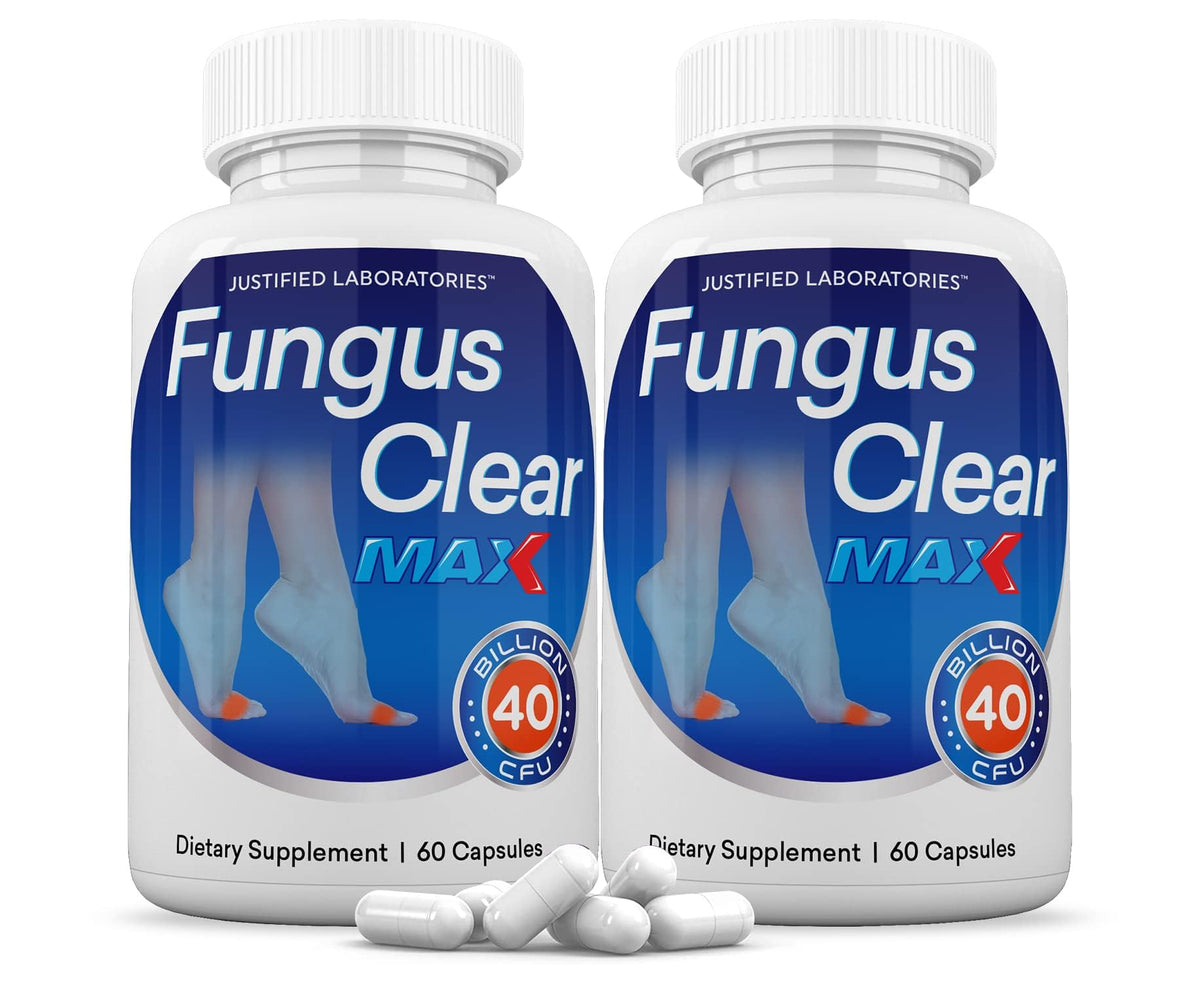 Front view of Justified Laboratories Fungus Clear Max Probiotic bottle with 60 capsules