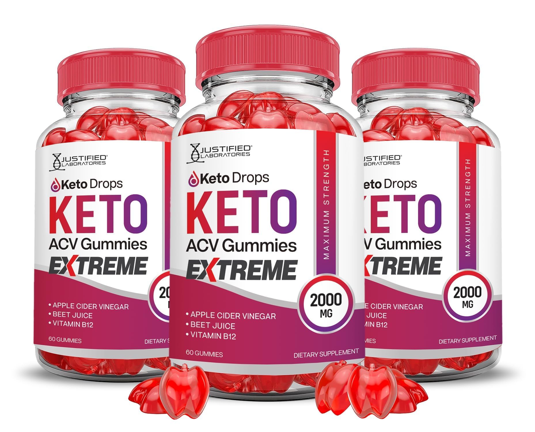 Justified Laboratories Keto Drops 3-pack front view, convenient daily gummies for keto-friendly support.