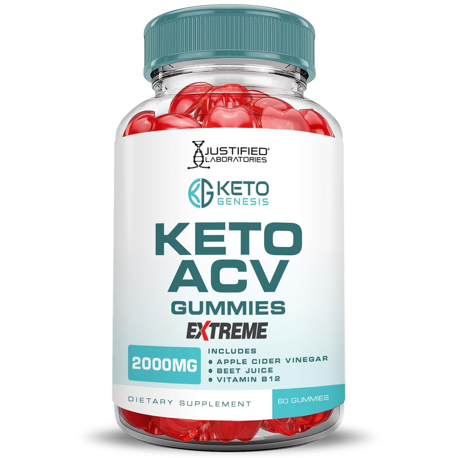 Justified Laboratories Keto Genesis ACV Gummies bulk-pack image suggests convenient daily use.