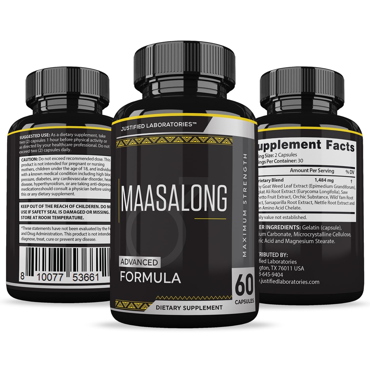 Front and label of Justified Laboratories Maasalong bottle