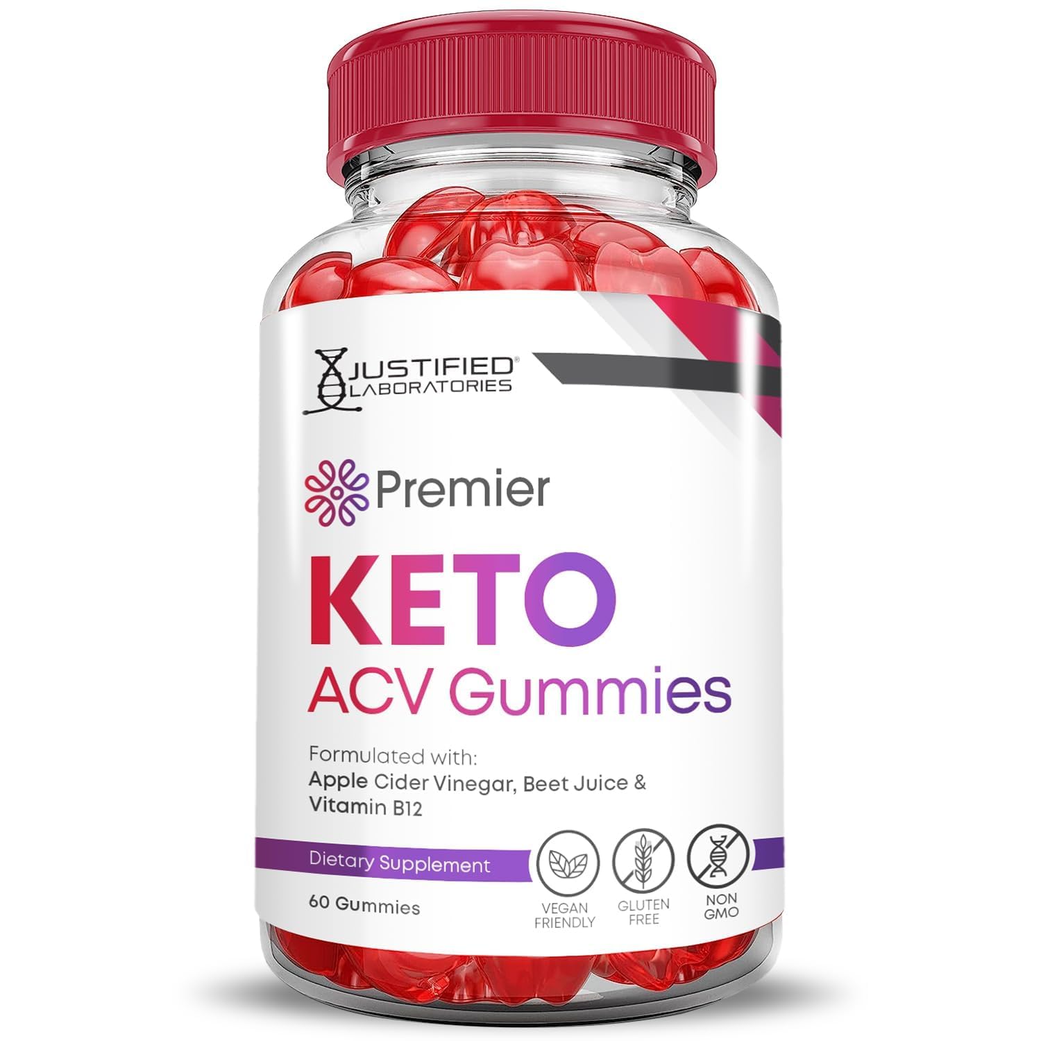 Justified Laboratories Premier Keto ACV Gummies label shows gluten-free and gelatin-free claim.
