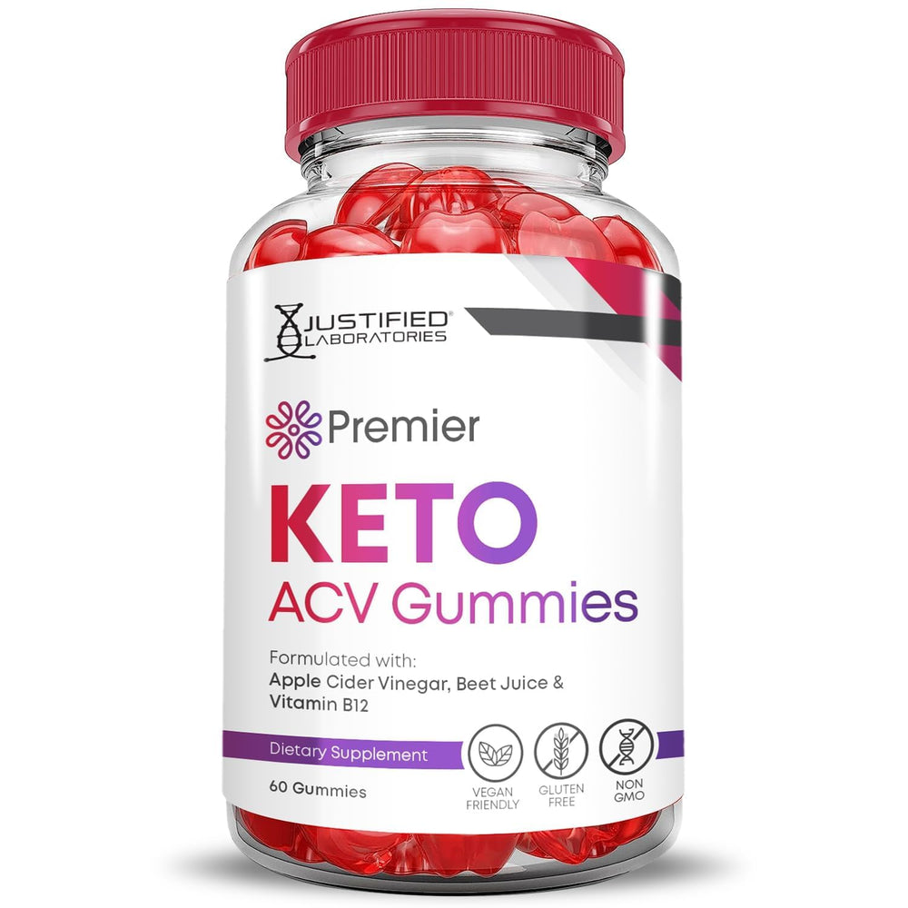 Justified Laboratories Premier Keto ACV Gummies label shows gluten-free and gelatin-free claim.