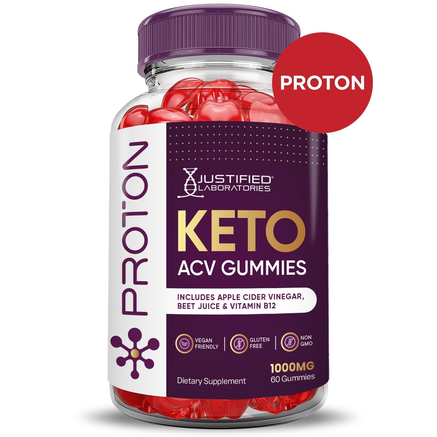 Justified Laboratories Proton Protein Keto ACV Gummies apple piece image illustrates tangy apple flavor.
