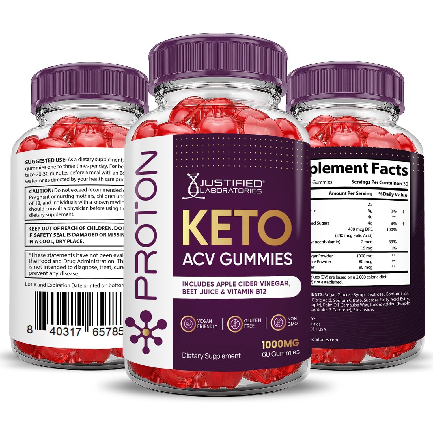 Justified Laboratories Proton Protein Keto ACV Gummies daily-use bottle implies convenient routine.