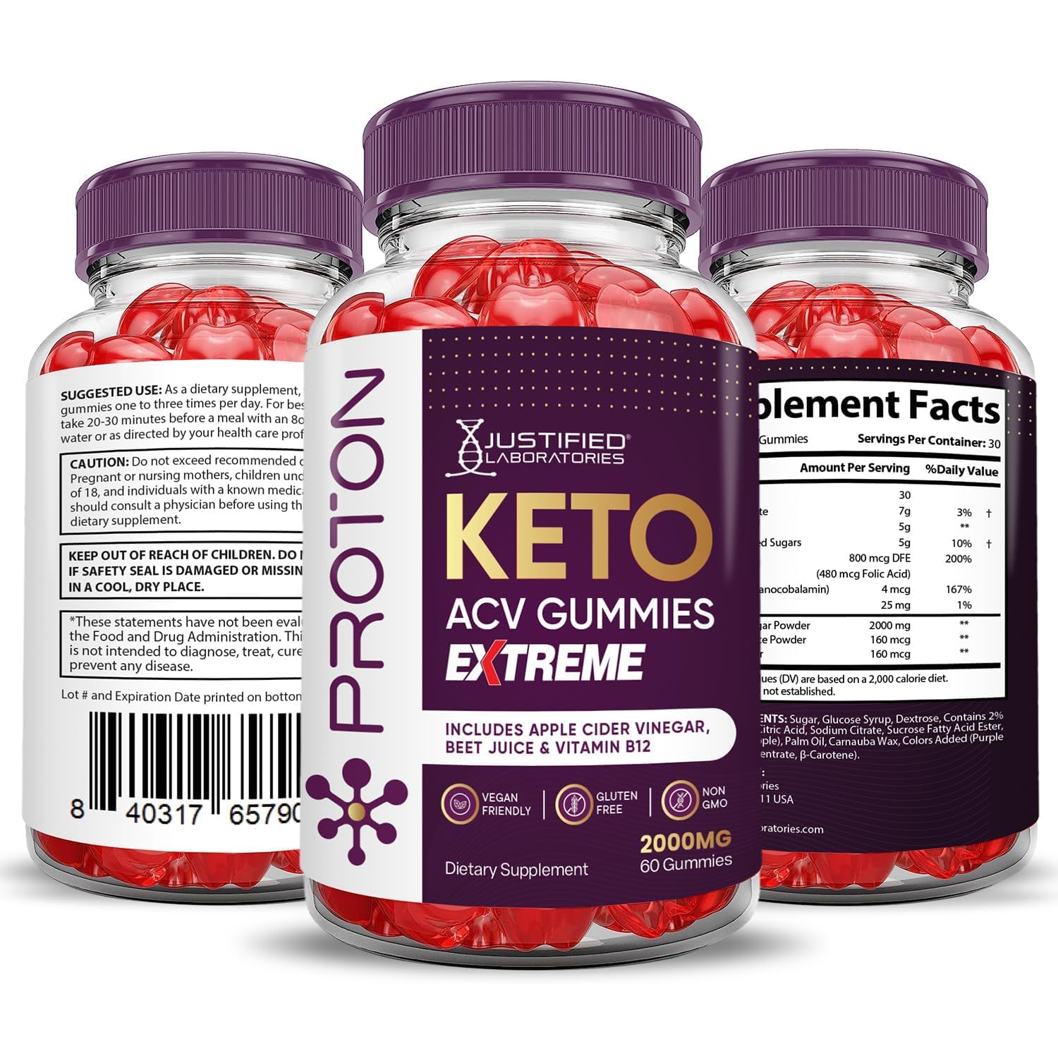 Justified Laboratories Proton Protein Keto ACV Gummies unopened bottle for easy daily use.